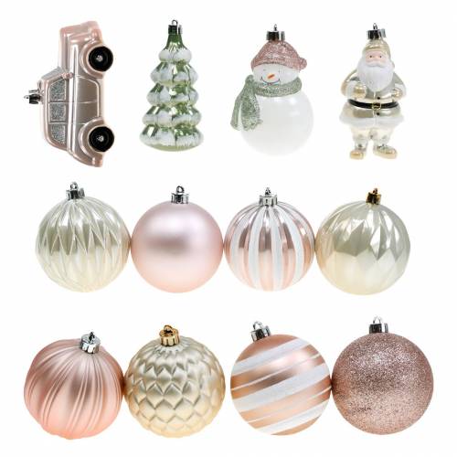 Floristik24 Decoraciones para árboles de Navidad en un juego rosa vieja, blanco, plástico verde 25 piezas