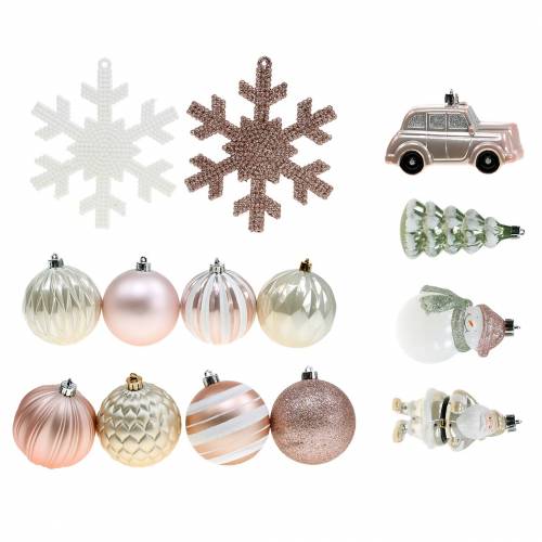 Floristik24 Decoraciones para árboles de Navidad en un juego rosa vieja, blanco, plástico verde 25 piezas