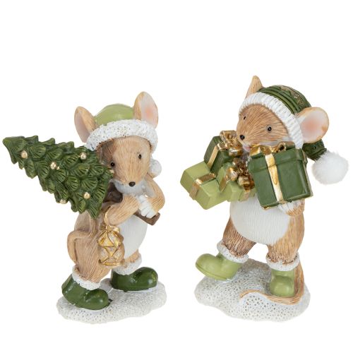 Decoración navideña de ratones, ratón verde y marrón, 8 cm de alto, 2 unidades