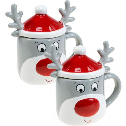 Floristik24 Taza navideña taza de reno con tapa H15cm 2 piezas
