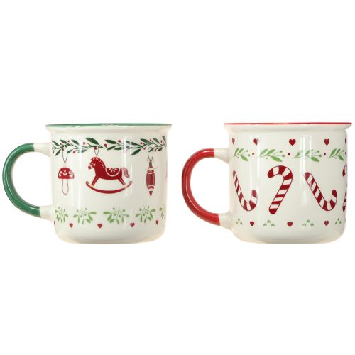 Artículo Taza navideña de cerámica roja, verde y crema (alto 9 cm, 2 unidades)