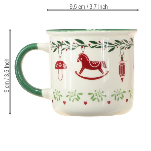 Artículo Taza navideña de cerámica roja, verde y crema (alto 9 cm, 2 unidades)
