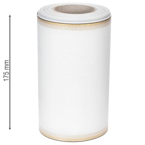 Artículo Cinta de moiré blanca para coronas con borde de perlas doradas, 175 mm - Elegante cinta para decoración y floristería.