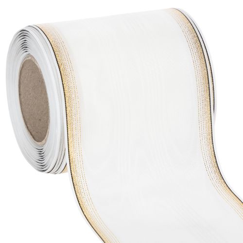 Floristik24 Cinta de muaré blanca con borde de perla y ribete de tafetán, cinta decorativa, cinta de luto, ancho 100 mm, largo 25 m
