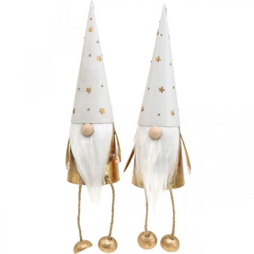 Artículo Figura decorativa navideña de gnomo blanco, dorado Ø6,5cm H22cm 2 piezas
