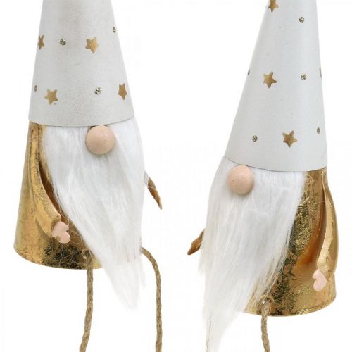 Artículo Figura decorativa navideña de gnomo blanco, dorado Ø6,5cm H22cm 2 piezas