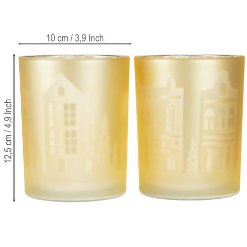 Artículo Farol de cristal plateado dorado con silueta de ciudad H12,5cm 4 uds