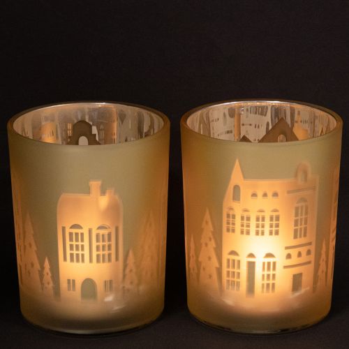 Artículo Farol de cristal plateado dorado con silueta de ciudad H12,5cm 4 uds
