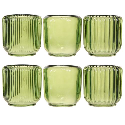 Artículo Portavelas de cristal estilo farolillo retro verde de 8 cm, 6 unidades