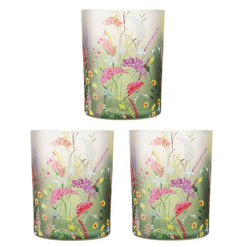 Floristik24 Farol de cristal con flores de colores verano H12,5cm 3 piezas