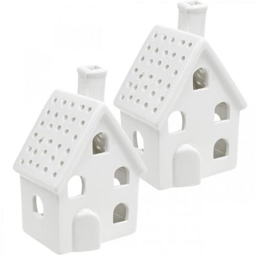 Artículo Casa de luz de viento casa de luz de cerámica Adviento blanco H14cm 2pcs