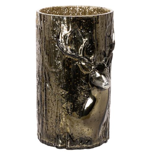 Portavelas de cristal con relieves de cabeza de ciervo y árbol, decoración invernal, 26 cm.