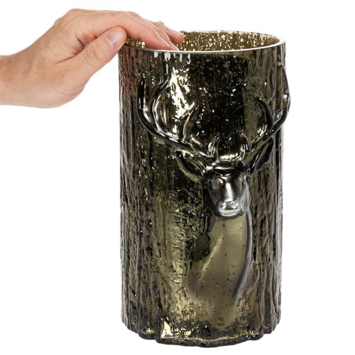 Portavelas de cristal con relieves de cabeza de ciervo y árbol, decoración invernal, 26 cm. | Floristik24.es