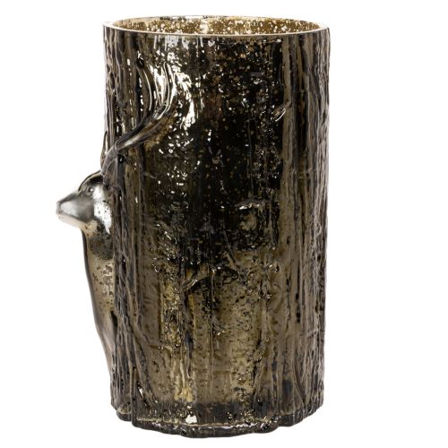Portavelas de cristal con relieves de cabeza de ciervo y árbol, decoración invernal, 26 cm. | Floristik24.es