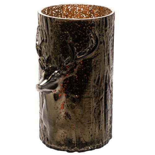 Portavelas de cristal con relieves de cabeza de ciervo y árbol, decoración invernal, 26 cm. | Floristik24.es