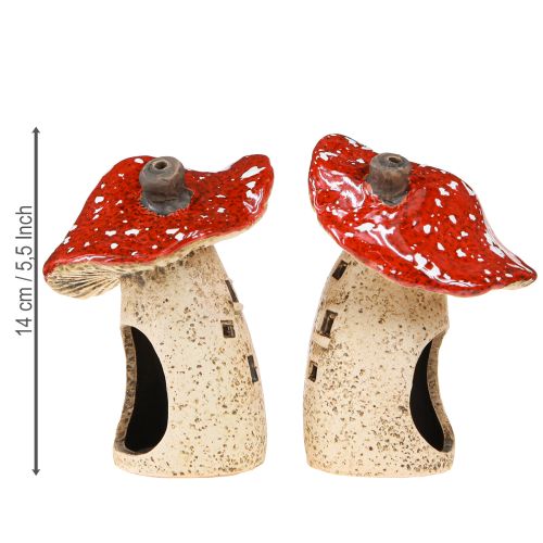 Artículo Farol de cerámica con forma de hongo, decoración otoñal, altura 12,5/14 cm, 2 unidades