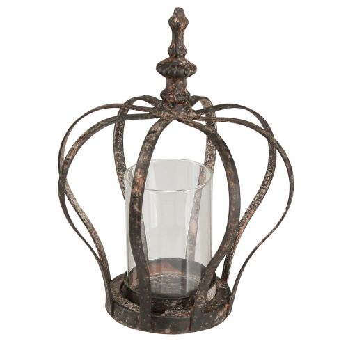 Farol Corona Marrón Óxido Con Vela Vidrio Ø14cm H18cm