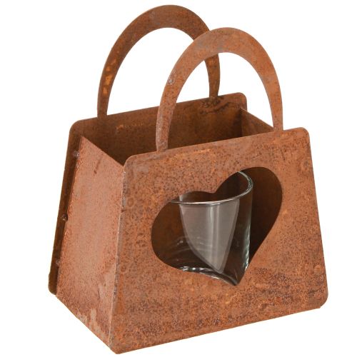Farol bolsa de metal color óxido con inserto de cristal H15cm 2 piezas