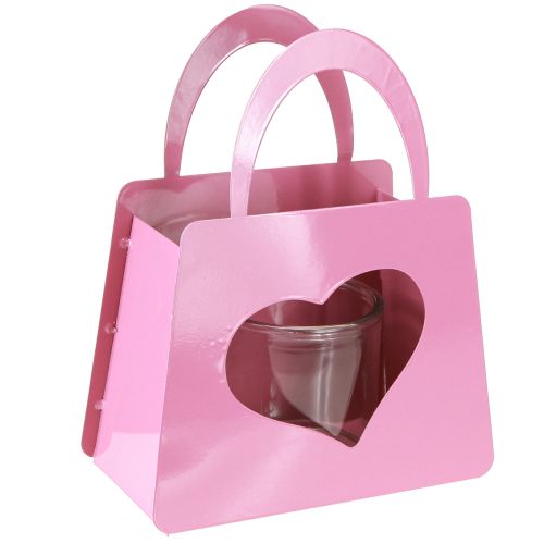 Bolso de metal con linterna y inserto de cristal en forma de corazón rosa H26cm