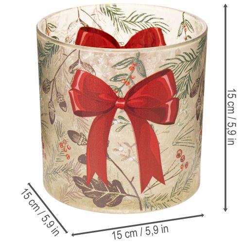 Portavelas de cristal con cinta roja y ramas invernales, 15 cm. | Floristik24.es