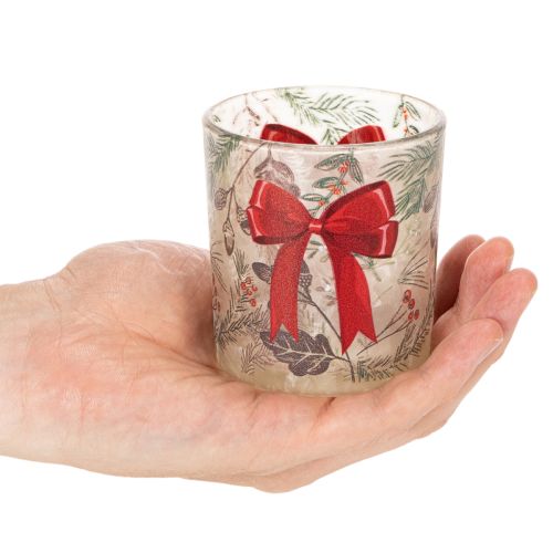 Portavelas de cristal con ramas navideñas y cinta roja, 8 cm, 2 unidades | Floristik24.es