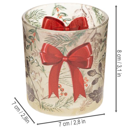 Portavelas de cristal con ramas navideñas y cinta roja, 8 cm, 2 unidades | Floristik24.es