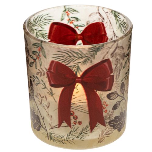 Portavelas de cristal con ramas navideñas y cinta roja, 8 cm, 2 unidades | Floristik24.es
