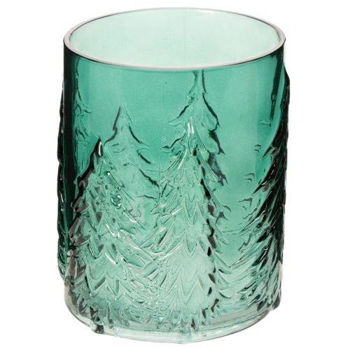Portavelas de cristal con abetos en relieve, decoración navideña, 16 cm.