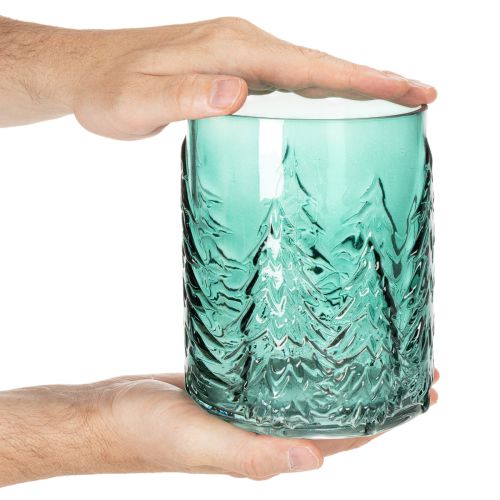 Portavelas de cristal con abetos en relieve, decoración navideña, 16 cm. | Floristik24.es