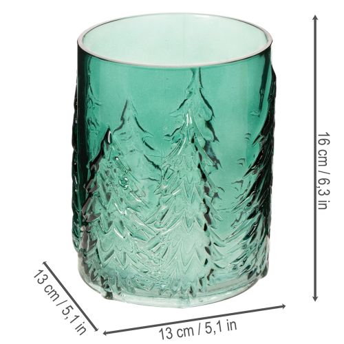 Portavelas de cristal con abetos en relieve, decoración navideña, 16 cm. | Floristik24.es