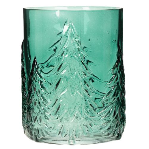 Portavelas de cristal con abetos en relieve, decoración navideña, 16 cm. | Floristik24.es