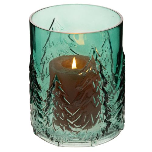 Portavelas de cristal con abetos en relieve, decoración navideña, 16 cm. | Floristik24.es
