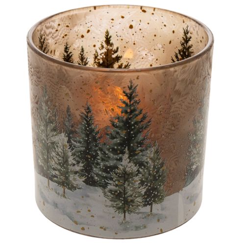 Portavelas de cristal con diseño de bosque de abetos, decoración de invierno, 15 cm. | Floristik24.es