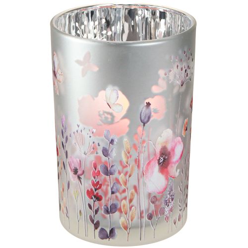 Artículo Farol de cristal amapola mariposa color plata Al. 18 cm
