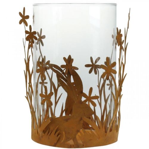 Artículo Farol con conejos, decoración primaveral, decoración de metal con flores, pátina Pascua Ø11.5cm H18cm