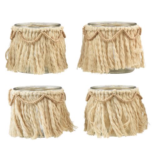 Artículo Farol Vidrio Flecos Macrame Crema Boho Ø9.5cm 4ud