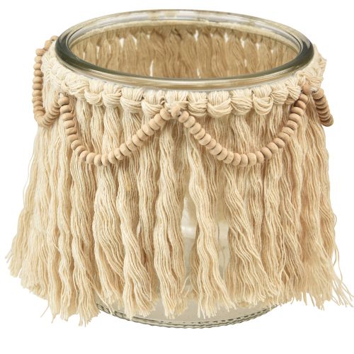 Artículo Farol Vidrio Flecos Macrame Crema Boho Ø9.5cm 4ud