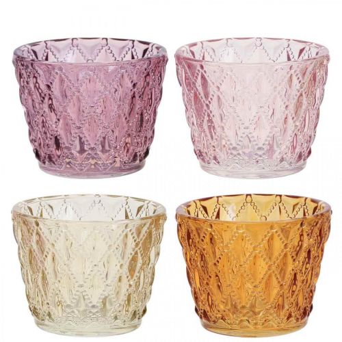 Floristik24 Linterna portavelas de cristal patrón de diamantes Ø7.5cm H6cm 4pcs