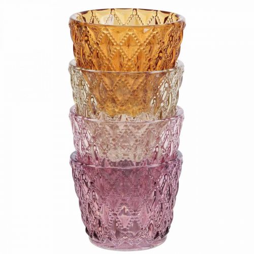 Floristik24 Linterna portavelas de cristal patrón de diamantes Ø7.5cm H6cm 4pcs
