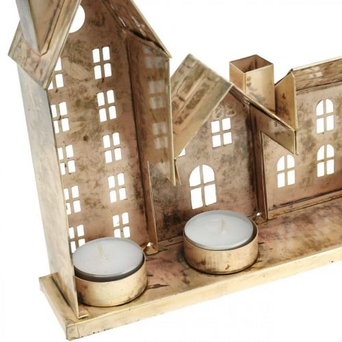 Floristik24 Diorama navideño, decoración de metal con iluminación, faros dorados, aspecto vintage L67.5cm H20cm