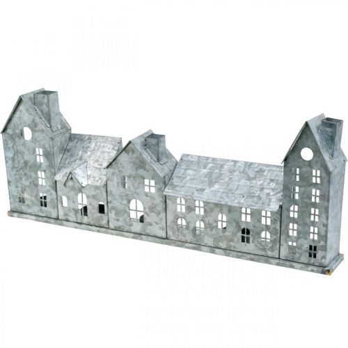 Hilera de casas, decoración metálica para iluminación, decoración de Adviento, farol plateado L52cm H20cm | Floristik24.es
