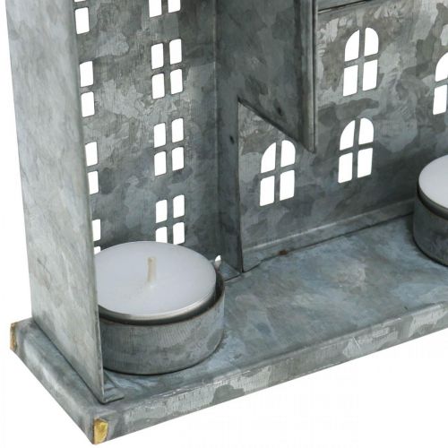 Floristik24 Hilera de casas, decoración de metal para iluminación, decoración de Adviento, farol plata L52cm H20cm