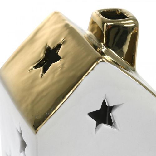 Floristik24 Casa de la linterna casa de luz de cerámica para candelita blanco, dorado 10cm 3 piezas