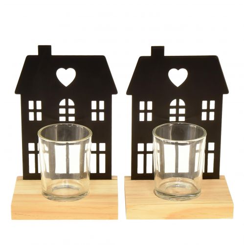 Casa farol de metal negro con base de madera Al.15cm 2uds