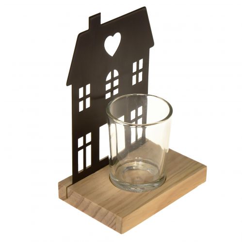 Artículo Casa farol de metal negro con base de madera Al.15cm 2uds