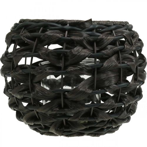 Artículo Farol trenzado negro, vidrio de vela de mimbre marrón Ø23cm H18cm