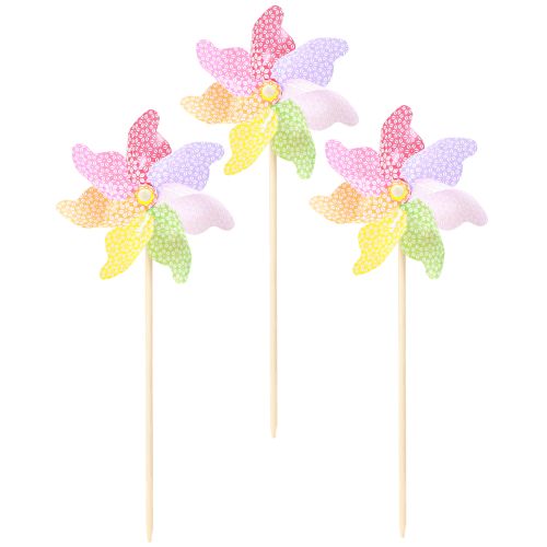 Artículo Molino de viento decorativo Molino de viento natural colorido Ø21,5cm H55cm 3uds
