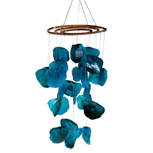 Campana de viento decoración marítima colgante Conchas de Capiz azul 90cm