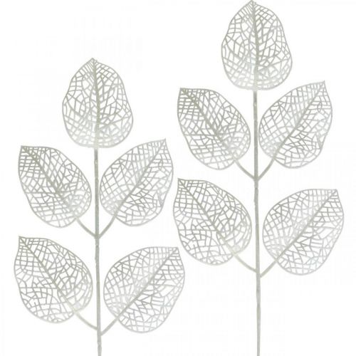 Artículo Decoración de invierno, hojas decorativas, rama artificial brillo blanco L36cm 10p