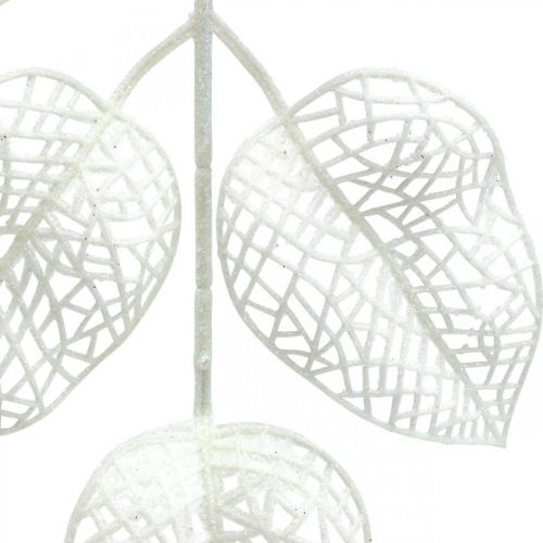 Decoración de invierno, hojas decorativas, rama artificial brillo blanco L36cm 10p